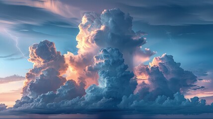 A dramatic storm cloud formation with towering cumulonimbus clouds illuminated by flashes of lightning in the distant horizon.