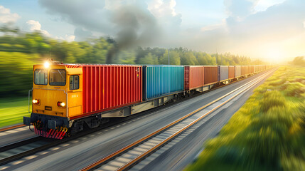 Fototapeta premium Economic Pulse: Freight Train Rolling Through the Sunset