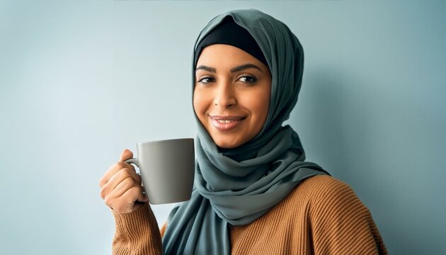 Close-up of a Middle Eastern woman in a hijab, holding a coffee cup and smiling warmly