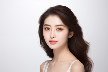 Naklejka premium Portrait close-up of young Asian woman with K-beauty style makeup and voluminous hairstyle. Beautiful girl with loose long brown hair with healthy and perfect skin on white background. Front view