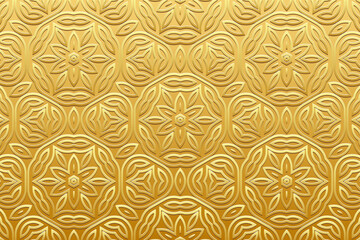 Embossed gold background, cover design, banner. Geometric tribal golden floral 3D pattern. Ethnic ornaments, arabesques. Handmade exotic. Motifs of the East, Asia, India, Mexico, Aztec, Peru.