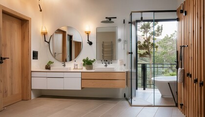 Fototapeta premium Contemporary bathroom with a walk-in shower, floating vanity, and neutral palette