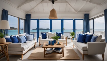 Coastal-themed living room with white and blue tones, nautical decor, and large windows