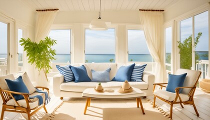 Coastal-themed living room with white and blue tones, nautical decor, and large windows