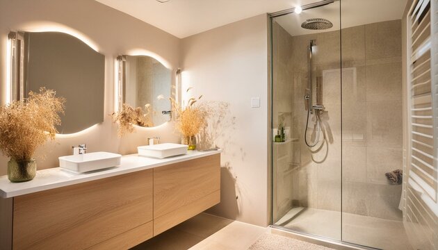 Contemporary bathroom with a walk-in shower, floating vanity, and neutral palette
