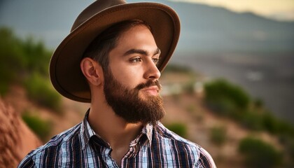 cool bearded guy with fedora and plaid shirt looking away