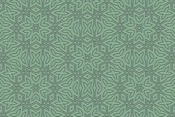 Embossed green background, cover design, banner. Geometric tribal abstract 3D pattern. Ethnic ornaments, arabesques, mandala. Handmade exotic. Motifs of the East, Asia, India, Mexico, Aztec, Peru.