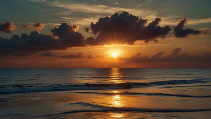 Evening sky with dramatic clouds over the sea. Dramatic sunset over the sea, Generative AI
