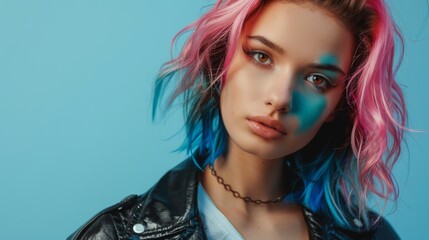 Fototapeta premium Stylish young woman with dual-tone hair and modern makeup against a blue background