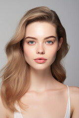 Naklejka premium Portrait close-up of young European woman with K-beauty style makeup and voluminous hairstyle. Beautiful girl with loose long blonde hair with healthy and perfect skin on grey background. Front view