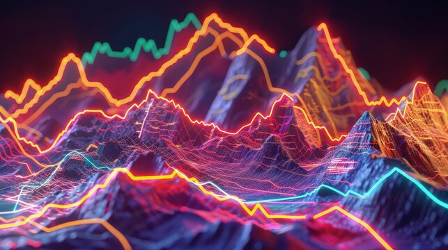 A 3D mountain range with peaks and valleys highlighted by vibrant neon lines, illustrating the ups and downs of market trends in a data visualization concept.