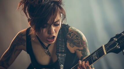 Passionate tattooed guitar player emotionally engaged in music