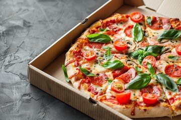 Fresh homemade cheese pizza in cardboard box