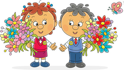 Happy little boy and girl with colorful flowers at a holiday in kindergarten or elementary school, vector cartoon illustration on a white background