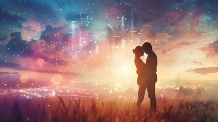 Fototapeta premium Romantic couple embracing at sunset with futuristic city skyline and glowing lights