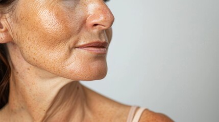 Fototapeta premium Before and after visual of sun-damaged skin: detailed close-up of a woman's face