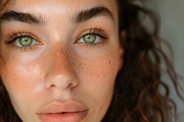 Fototapeta premium Close-up portrait of a young woman with curly hair and freckles before a makeup show