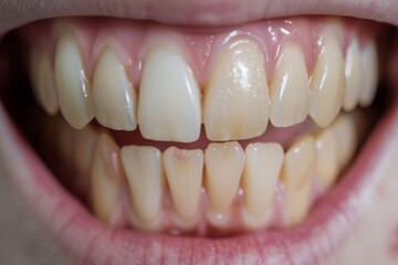 Close-up view of a smile showing natural yellowed teeth, detailed dental health image