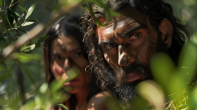 Close-up of Adam and Eve in the garden of Eden in a visual representation of the biblical narrative. Adam and Eve with curious and serene faces.