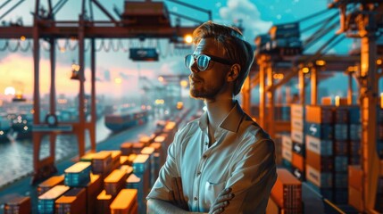 Fototapeta premium Photorealistic 25-year-old supply chain manager overseeing cargo logistics, with a backdrop of freight containers, transportation vehicles, and digital control panels