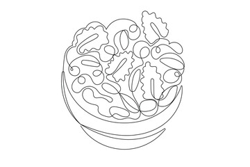 Line Art Nuts in Plate Illustration. Curve Continuous Line Doodle Art. Editable Black Outline Line Ink. Vitamin Healthy Food Concept