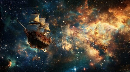 A fairytale ship floating through a sea of stars and nebulae, navigating the cosmos towards an unknown, enchanted destination.