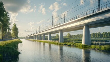Fototapeta premium Photorealistic scene of a newly constructed high-speed railway bridge over a serene river, showcasing modern architecture and advanced engineering