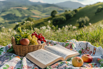 Open bible and a wicker basket full of grapes and apples are laying on a blanket during a relaxing...