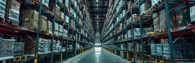 A vast distribution warehouse with towering shelves stacked high with goods, showcasing the immense scale and efficiency of modern logistics operations