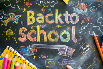 Vibrant back to school scene on a blackboard with colorful stationery items captures the excitement of learning and fun in September, exuding creativity and childhood nostalgia