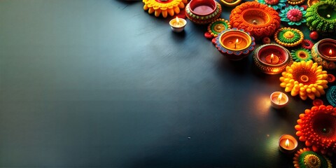 Traditional diwali festival greeting card featuring illuminated oil lamps and candles on dark background with copy space for your greeting message