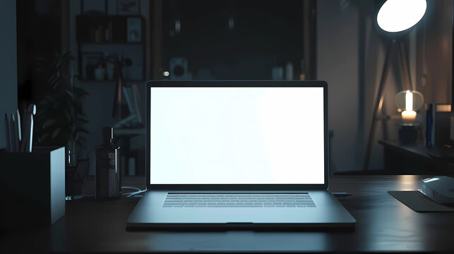Mockup of a white laptop screen for presentation of website design, etc. There is an open laptop on a desk in a dark room