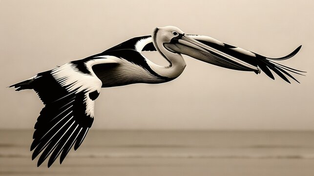  A monochrome photo of a pelican soaring in mid-air with outstretched wings