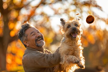 A joyful man in a sweater lifts his dog into the air while playing catch in an autumn park, surrounded by the beauty of fall foliage and vibrant colors.