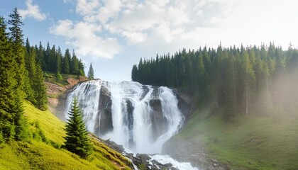 Fototapeta premium large natural waterfall on top of the mountain among forest
