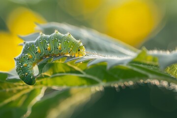 A detailed shot of a green caterpillar with yellow and orange markings crawling along the edge of a green plant leaf in a sunlit environment, capturing a moment of natural beauty.