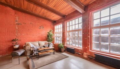 Industrial loft with exposed brick walls, large windows, and a mix of vintage and modern ele