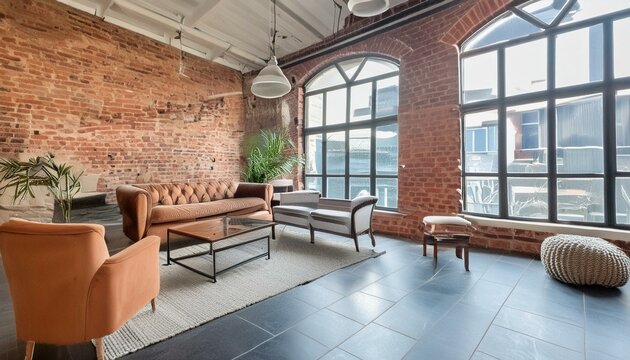 Industrial loft with exposed brick walls, large windows, and a mix of vintage and modern ele