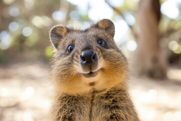 Fototapeta premium Close-up portrait of a curious and adorable quokka, a happy and smiling australian marsupial, captured in its natural wilderness on rottnest island, australia