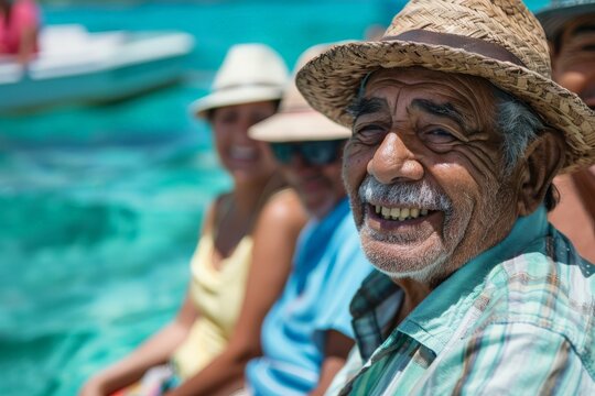 A smiling elderly man in a straw hat and a plaid shirt, enjoying a boat trip with friends on a turquoise sea, exhibiting joy and contentment.