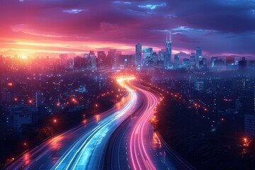 Fototapeta premium Cityscape With A Highway Leading Towards The City