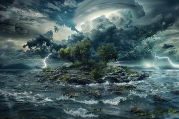A floating island with a stormy lake, waves gently lapping at the rocky shore, surrounded by dark storm clouds and occasional flashes of distant lightning.
