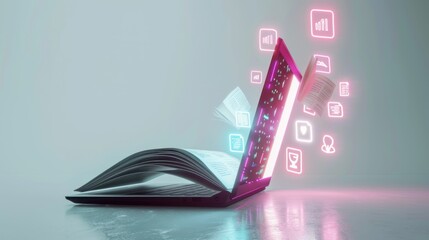 Open book transforming into a laptop with glowing icons, symbolizing online education, e-learning, and digital learning resources