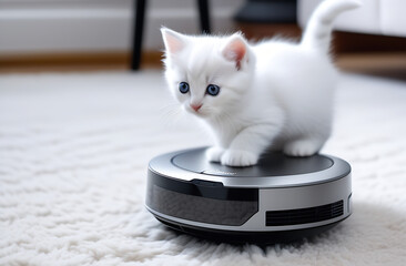 housework and smart technology concept , white fluffy kitten play on robot vacuum cleaner at home