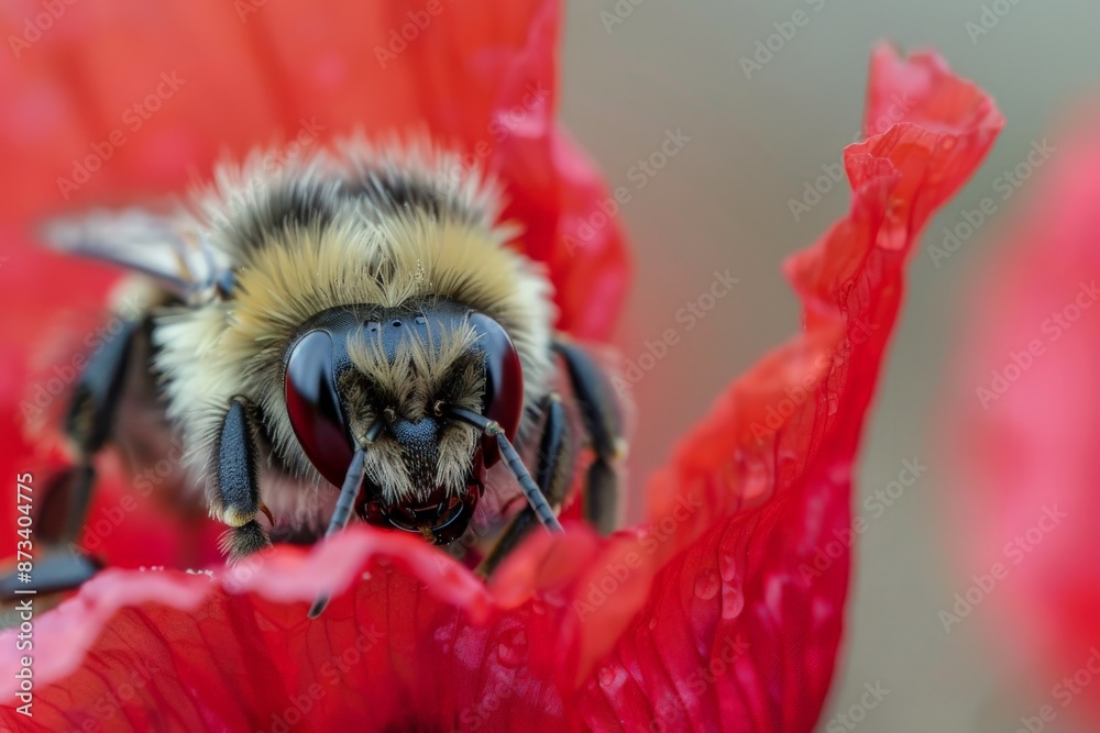 Poster a detailed macro shot of a bumblebee perched on a vibrant red flower petal, showcasing the intricate