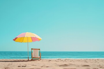 A vibrant yellow and pink striped umbrella complements a matching wooden chair, stationed on the sandy beach with the endless blue sea in the background.
