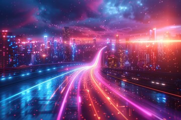 Fototapeta premium Neon Cityscape with Speeding Car Lights