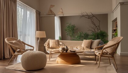 Luxurious living room with modern furniture, neutral tones, and elegant decoration