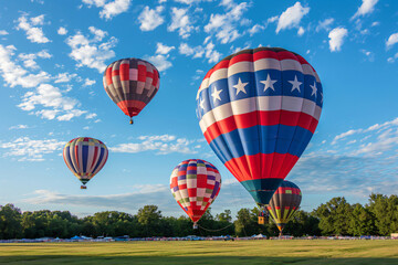 Obraz premium Colorful hot air balloons taking off from a green field during a summer festival with blue sky and white clouds