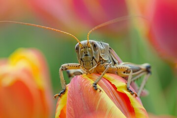 Fototapeta premium An intricate and detailed view of a grasshopper's exoskeleton as it sits atop a vividly colored tulip, showcasing the marvels of nature and insect life in full brilliance.